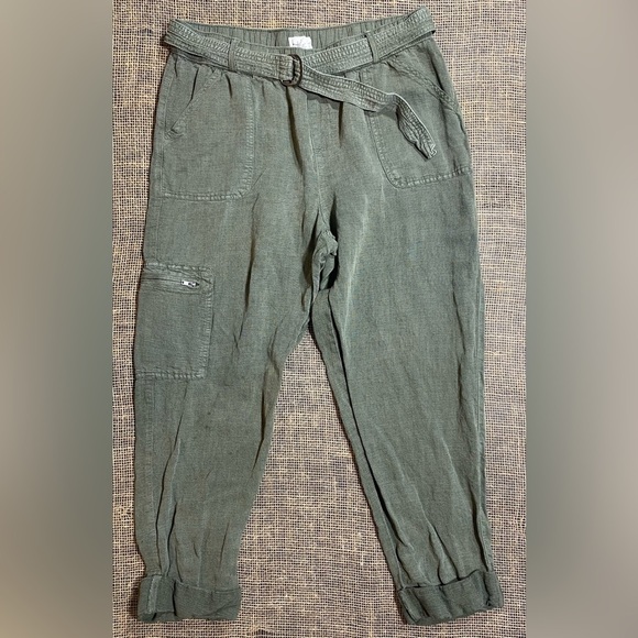 Nicole Miller NY Pants Size Large Olive Green Linen/Lyocell Cargo With Belt - Picture 1 of 7